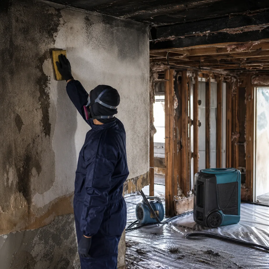 Professional technician performing fire and smoke damage restoration on a wall.