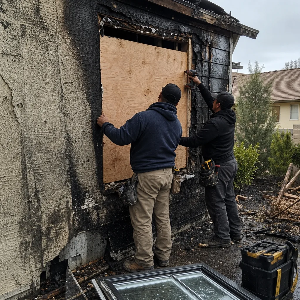 Two technicians boarding up a window on a fire-damaged house