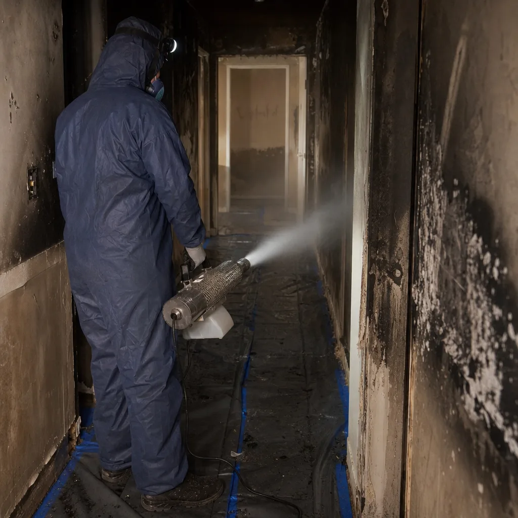 Technician performing professional fire and smoke damage odor restoration with fogging equipment