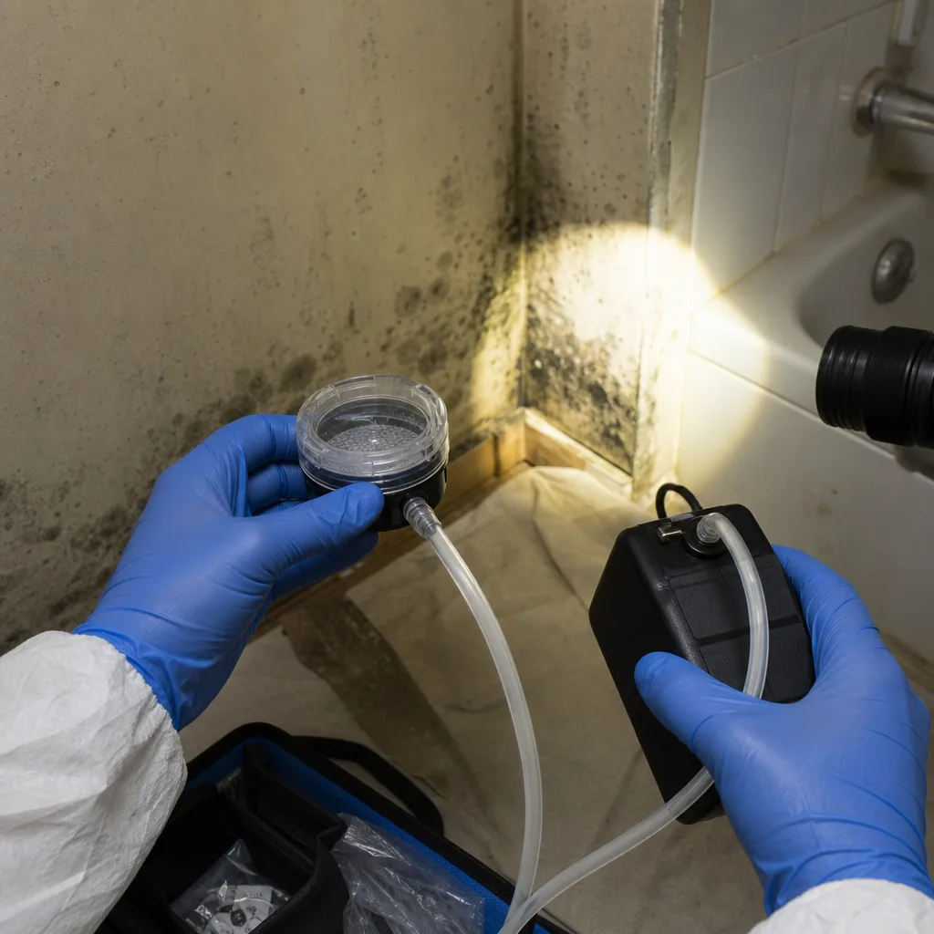 Professional performing air quality testing for residential mold remediation.