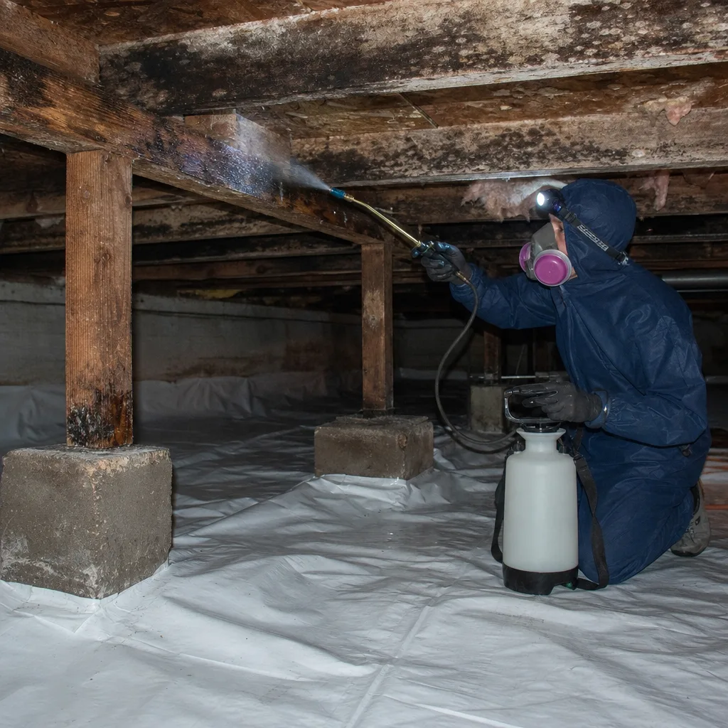 Professional applying mold remediation treatment to crawl space wooden floor joists