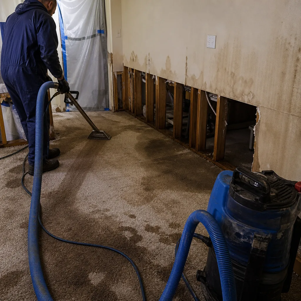 Water damage restoration professional vacuuming wet carpet in a residential home.