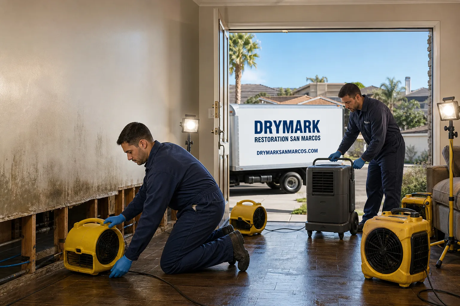 DryMark Restoration San Marcos damage restoration service vehicle and crew in San Marcos, CA
